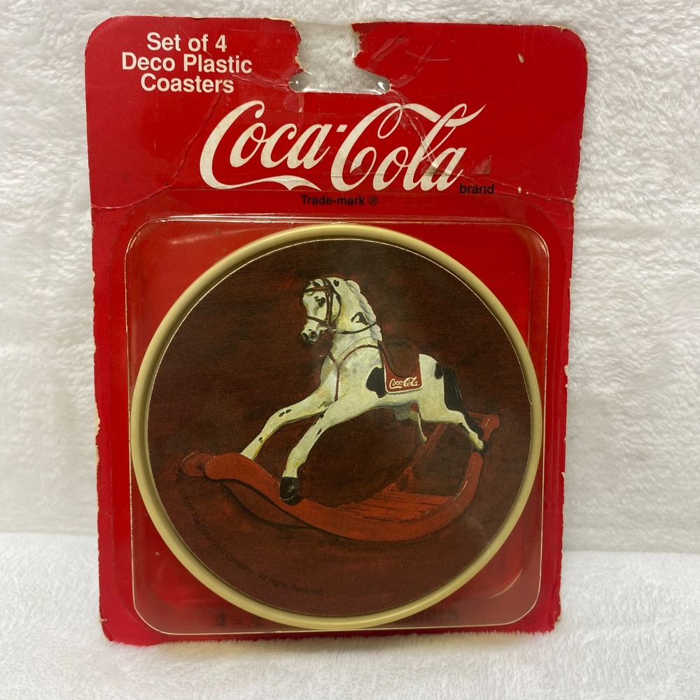 Coca Cola Plastic Coasters Set 4 Rocking Horse Vintage Made in USA